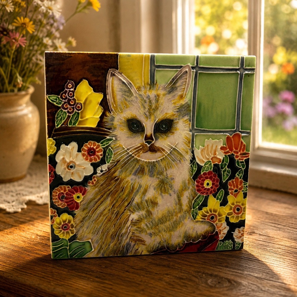 Vtg Signed Ping Cat Ceramic Art Tile Plaque Floral Window Tabletop Wall Decor